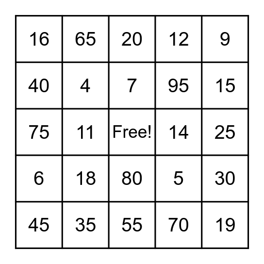 Number Bingo Card