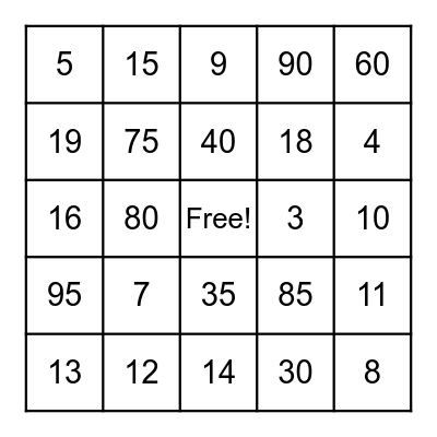 Number Bingo Card