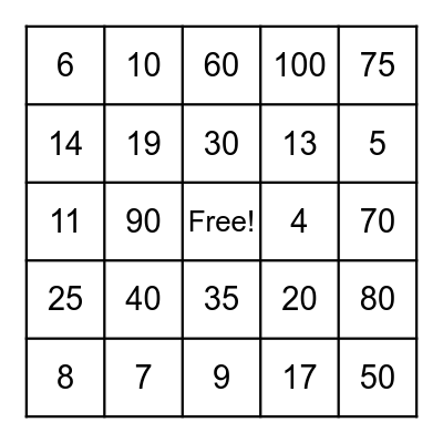 Number Bingo Card