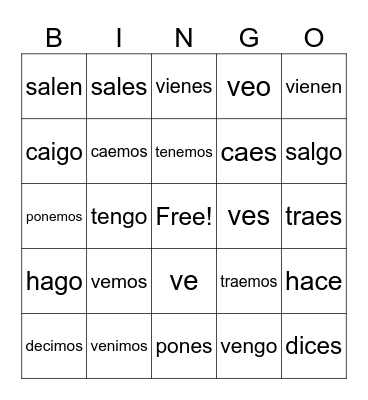 Yo go and irregular verbs Bingo Card