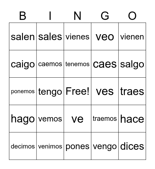 Yo go and irregular verbs Bingo Card