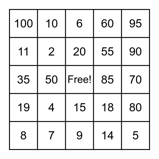 Number Bingo Card