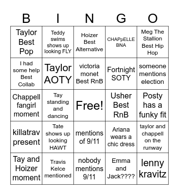 VMAs  2024 Bingo Card