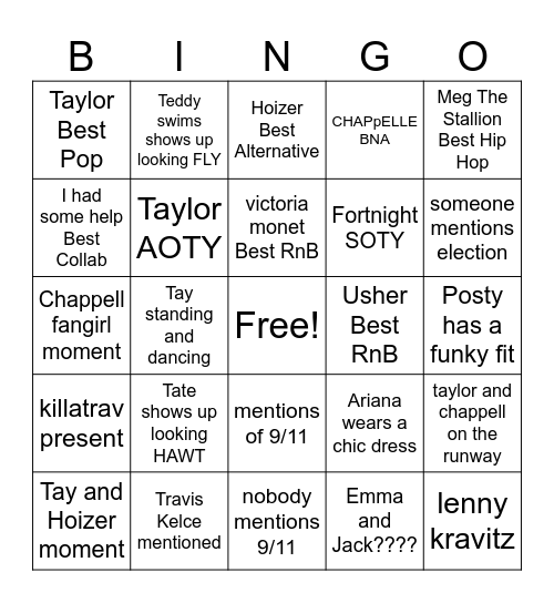 VMAs  2024 Bingo Card