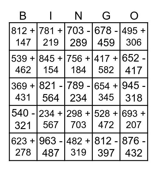 Addition and Subtraction Bingo Card