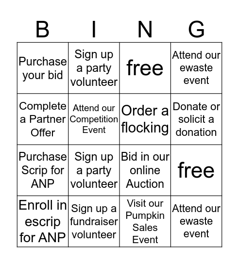 ANP Fundraising Bingo Card