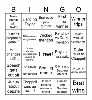 VMA Bingo 2024 Bingo Card