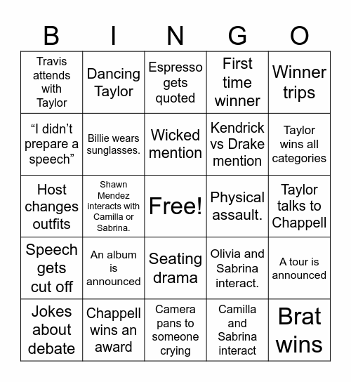 VMA Bingo 2024 Bingo Card