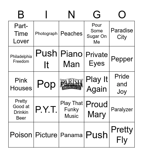 Songs that start with P Bingo Card