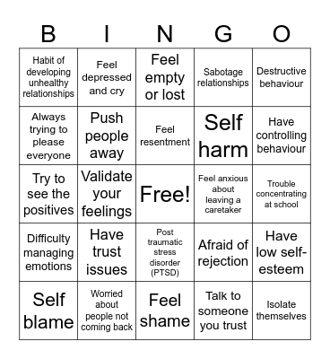 Abandonment Bingo Card