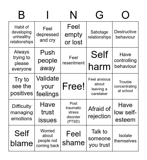 Abandonment Bingo Card