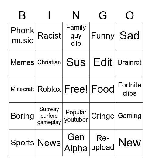 YT shorts bingo Card