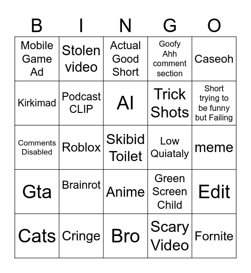 Yt shorts binhgo Bingo Card