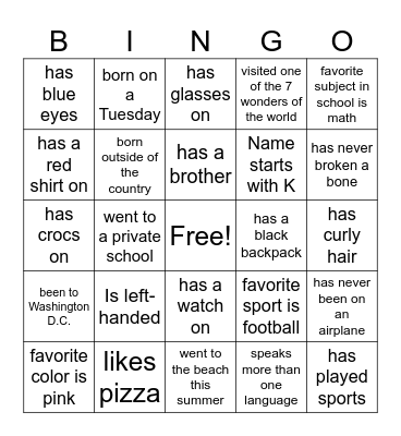 First Day of School Bingo Card