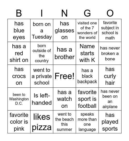 First Day of School Bingo Card