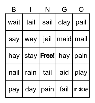 ai, ay  sounds Bingo Card