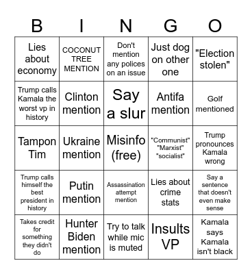 Presidential Debate Bingo Sept 2024 Bingo Card