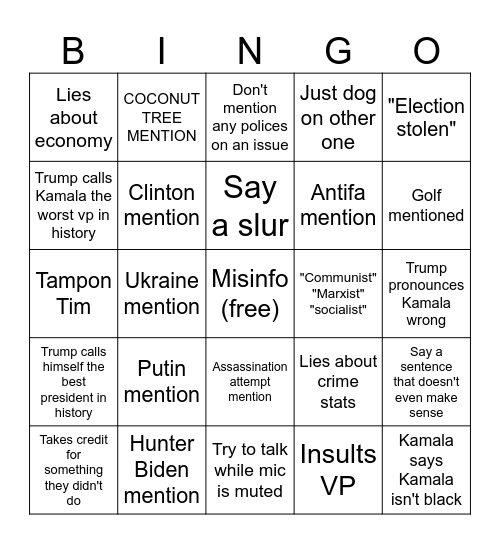 Presidential Debate Bingo Sept 2024 Bingo Card