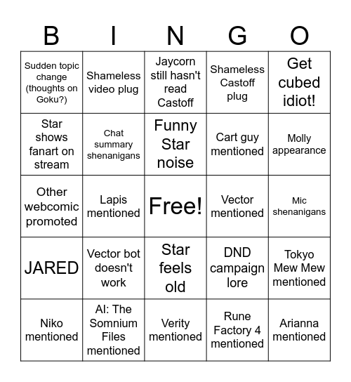 Star Stream Bingo Card