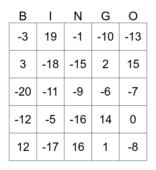 MATH Bingo Card
