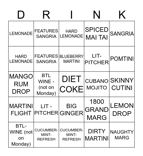 Houlihan's Beverage Bingo Card