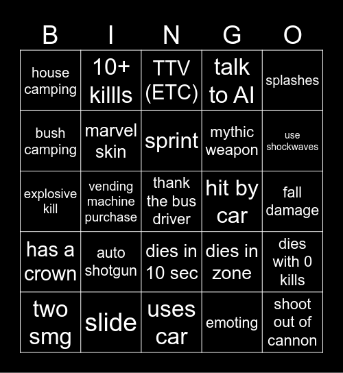 Fortnite Bingo Card