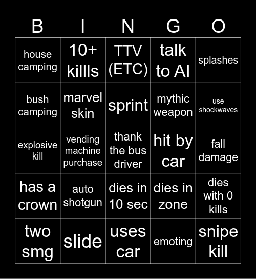 Fortnite Bingo Card