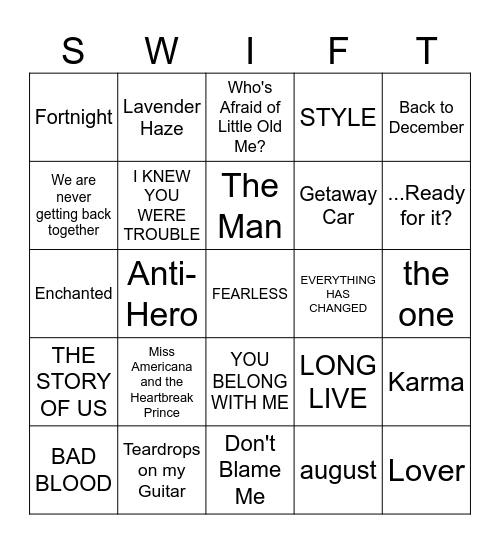 Music Bingo (Taylor's Version) Bingo Card