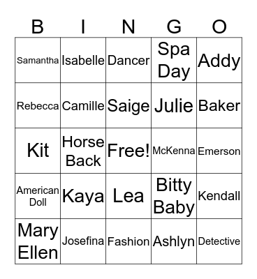American Girl Bingo Card