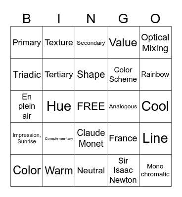 Color Theory Bingo Card