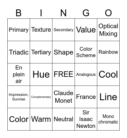 Color Theory Bingo Card