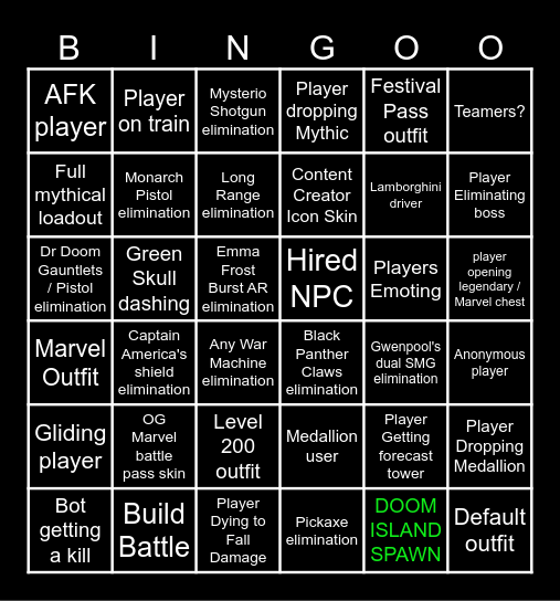 FORTNITE SPECTATING BINGO Card