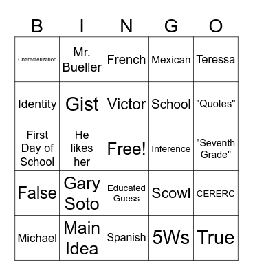 "Seventh Grade" by Gary Soto Bingo Card