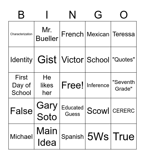 "Seventh Grade" by Gary Soto Bingo Card