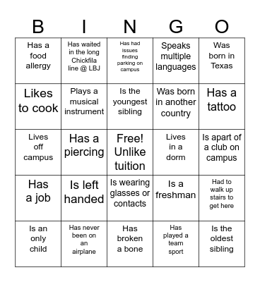 Get to know your classmates Bingo Card