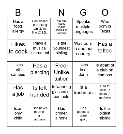 Get to know your classmates Bingo Card