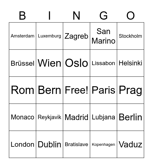 Western Europe Capitals Bingo Card