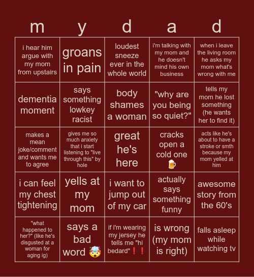 i'm around my dad Bingo Card