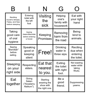 Sunnah Adventure Bingo: A Journey of Good Deeds Bingo Card