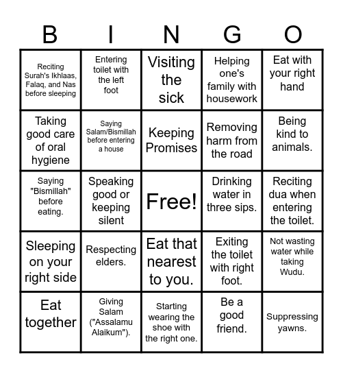 Sunnah Adventure Bingo: A Journey of Good Deeds Bingo Card