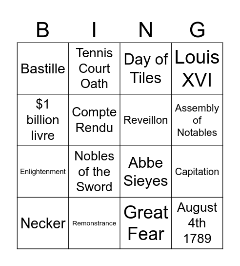 French AOS 1 Bingo Card