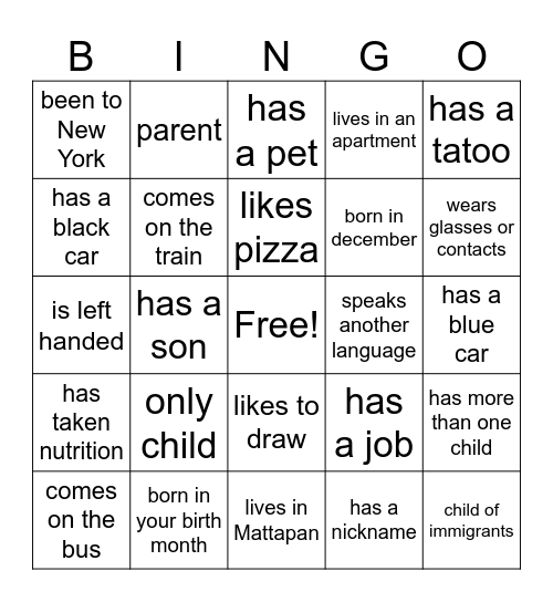 Getting to Know You Bingo Card