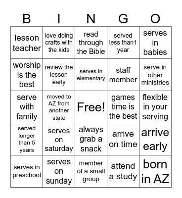 Kids Ministry Bingo Card