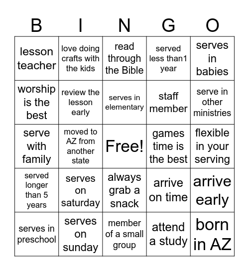 Kids Ministry Bingo Card