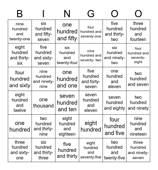 NUMBER FROM 100-1000 Bingo Card