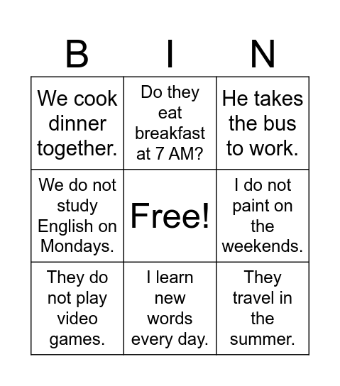 Simple Present Tense Bingo Card