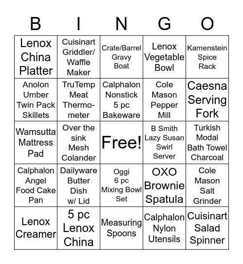 Karyn's Shower Gifts Bingo Card