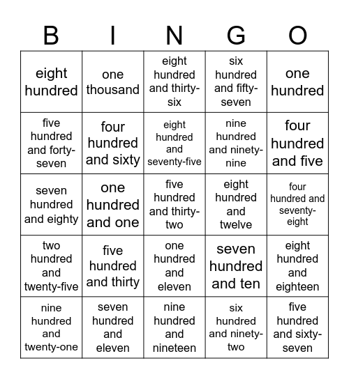 NUMBERS FROM 100 -1000 Bingo Card