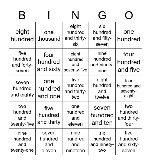 NUMBERS FROM 100-1000 Bingo Card