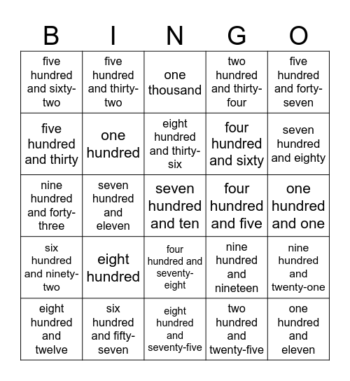 NUMBERS FROM 100-1000 Bingo Card